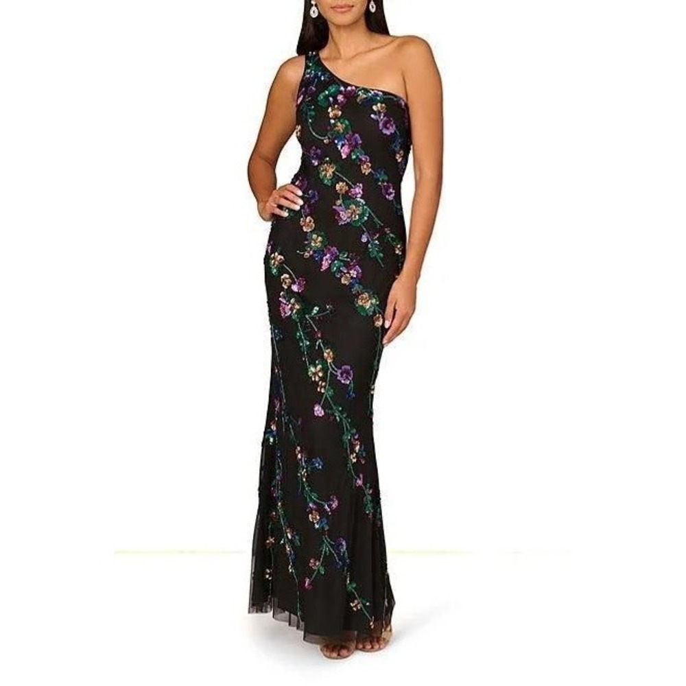 Aidan Mattox Beaded Mermaid Gown One Shoulder Floral Formal Dress Black Size 8